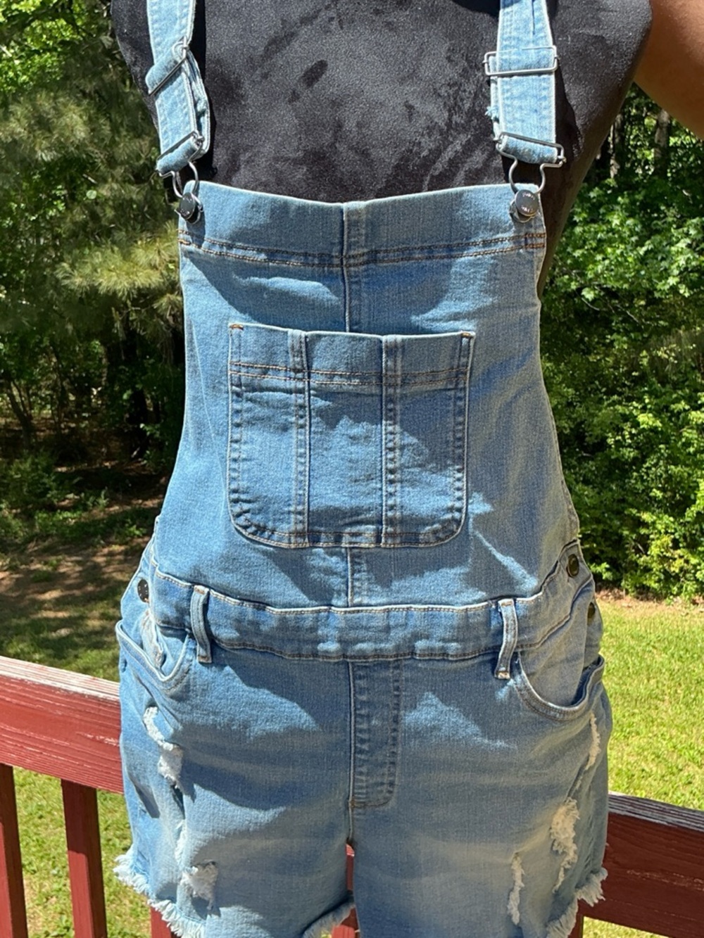 VENUS Light Blue Distressed Denim Short Overalls